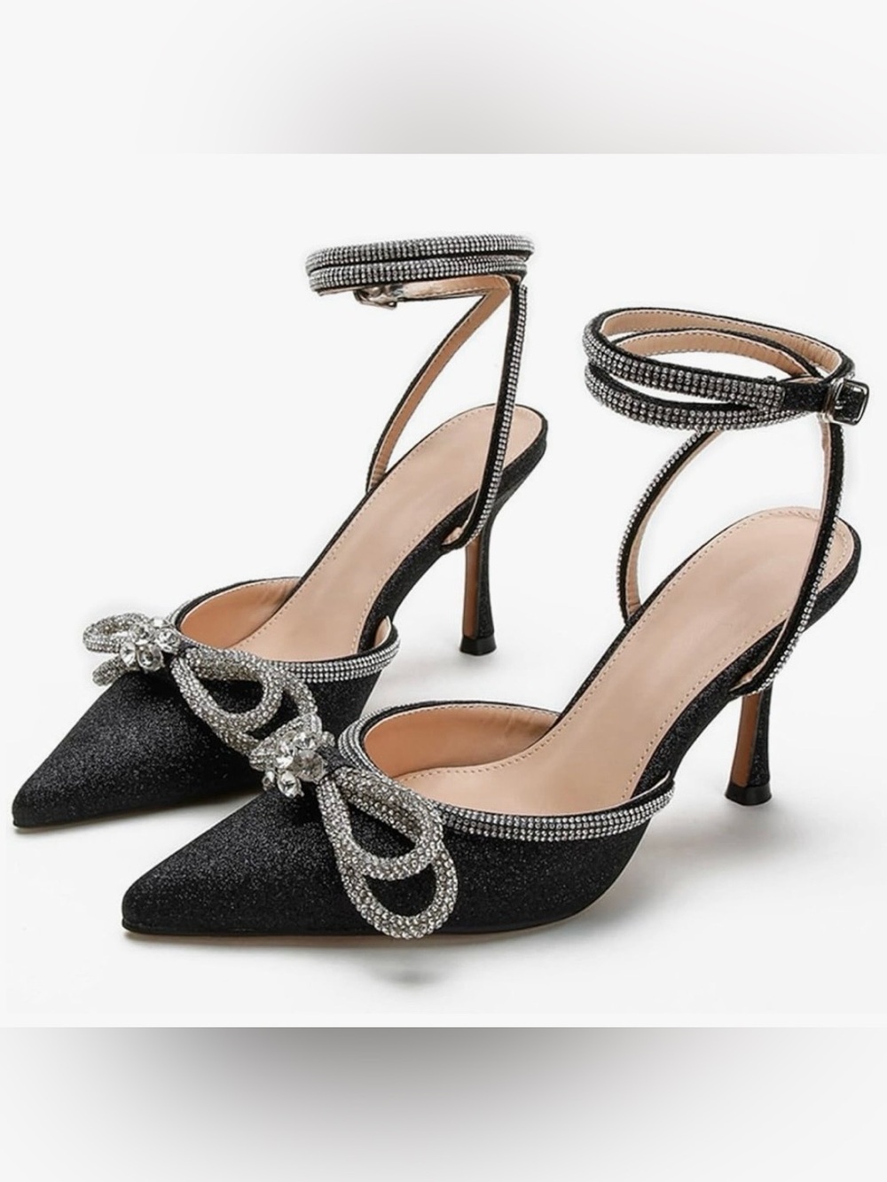 Women's Black Pointed Slingback Heels with Crystal Bow Accent